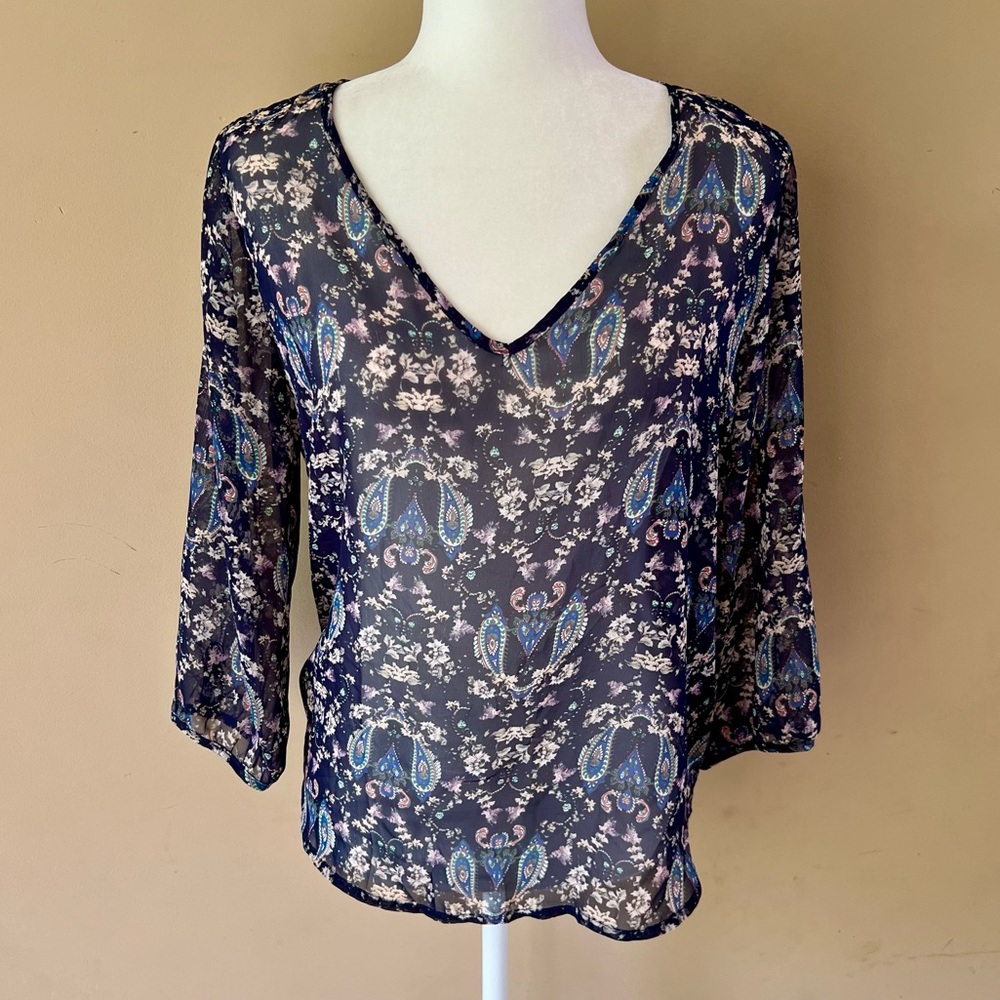 NWT New Papermoon Stitch Fix Large Petite Navy Blue Sheer Dressy Shirt Top